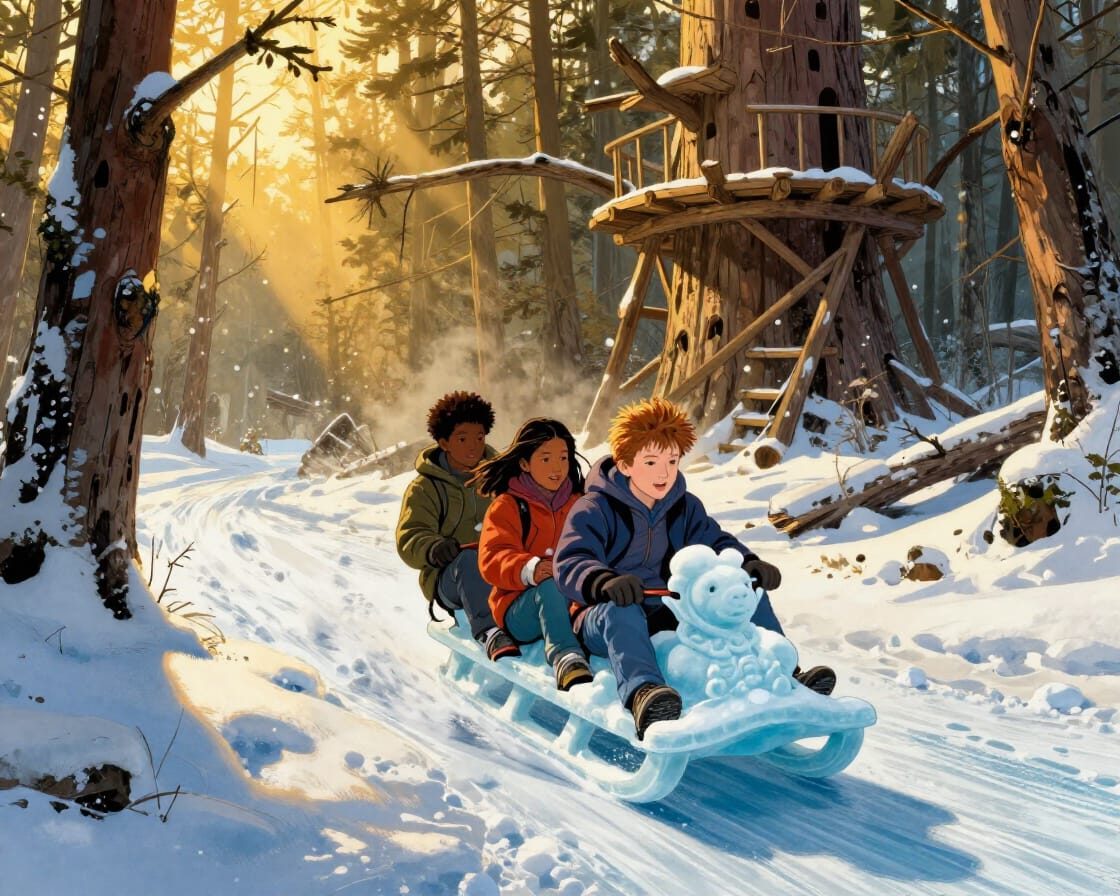 Julian, Zara, and Kael sledding toward their fort
